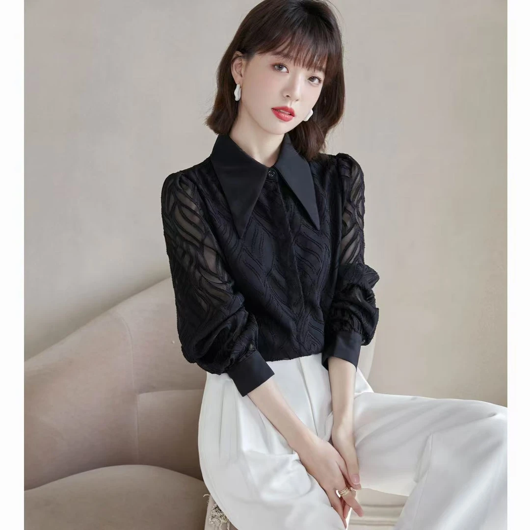 8921黑色Polo领衬衫女春季2025新款复古法式长袖春款上衣