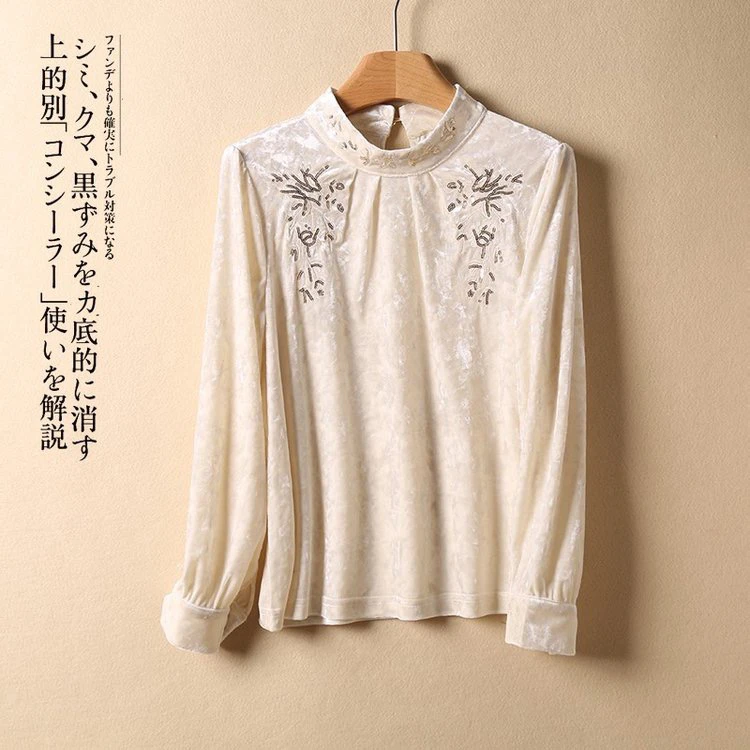 新中式丝绒刺绣衬衫女长袖春季轻奢褶皱设计上衣打底打底衫内搭