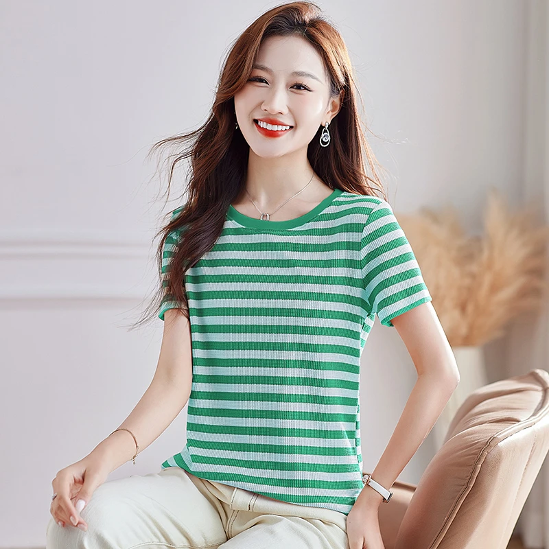 韩国条纹T恤女圆领修身显瘦2025年夏季新款体恤撞色设计感ins上衣