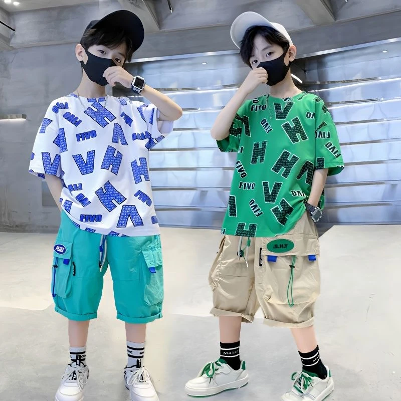 【两条装】夏季中大童宽松T恤；夏款满印儿童潮酷时尚短袖