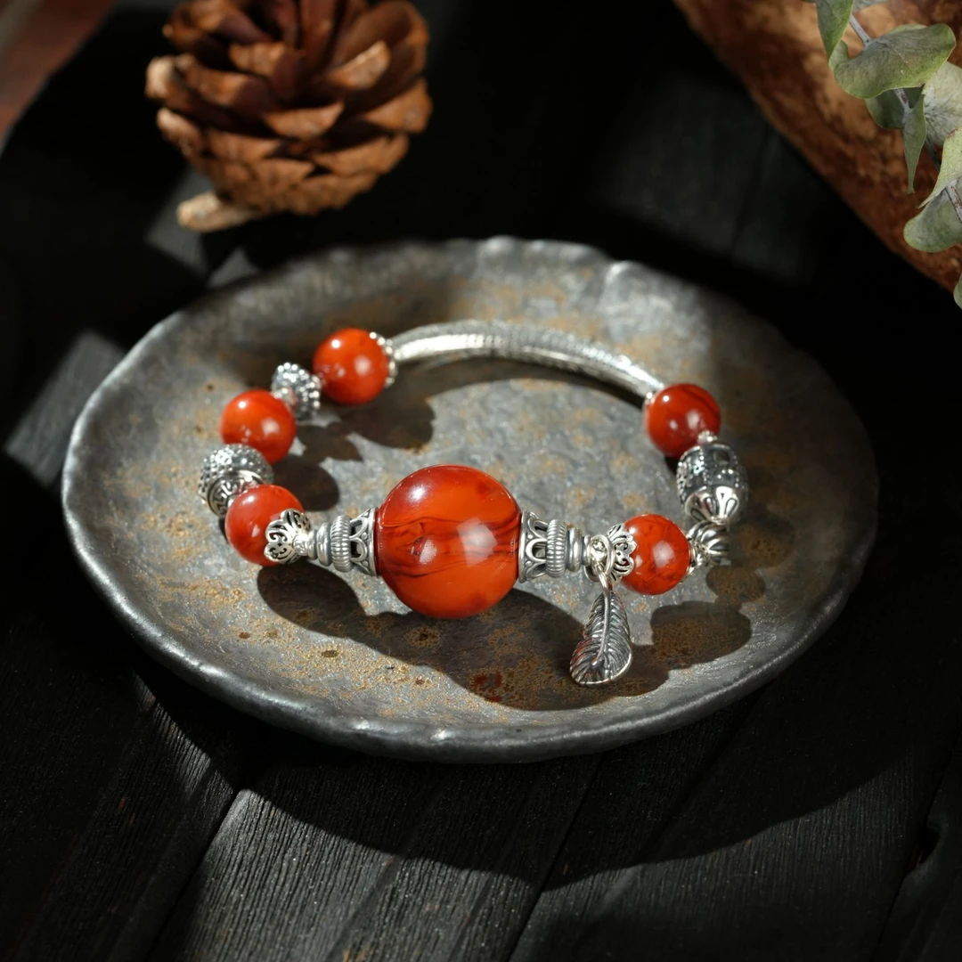 【壹芳珠宝】天然原矿南红火焰纹复古老银风手链-顶珠18-19mm