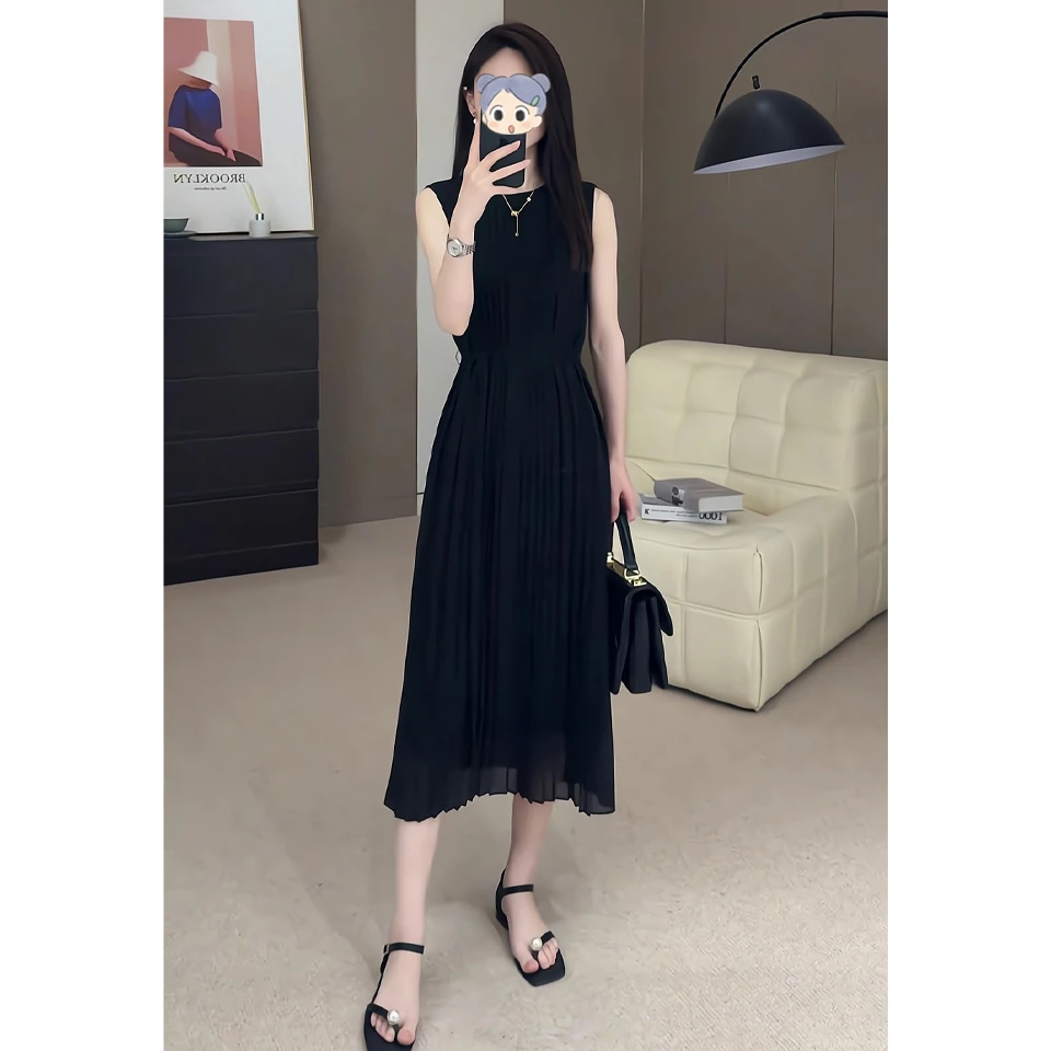 法式简约休闲宽松无袖连衣裙女夏微胖显瘦气质高级感收腰A字长裙