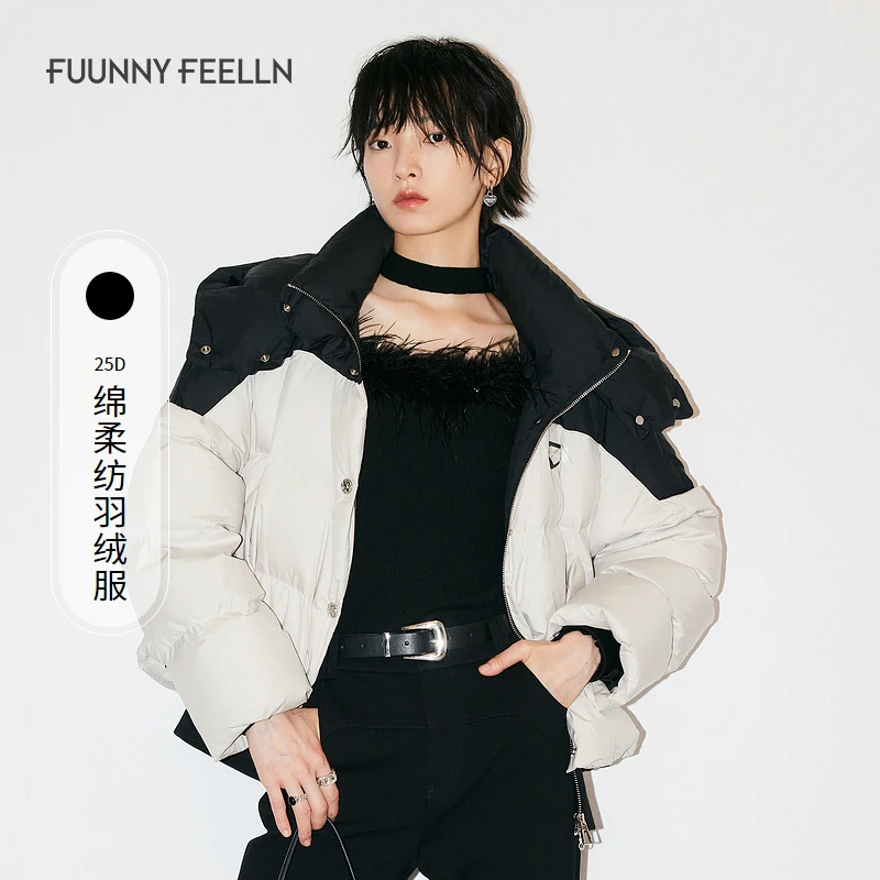 FF仿佛冬季新款撞色面包短款立领羽绒服女连帽小个子设计感