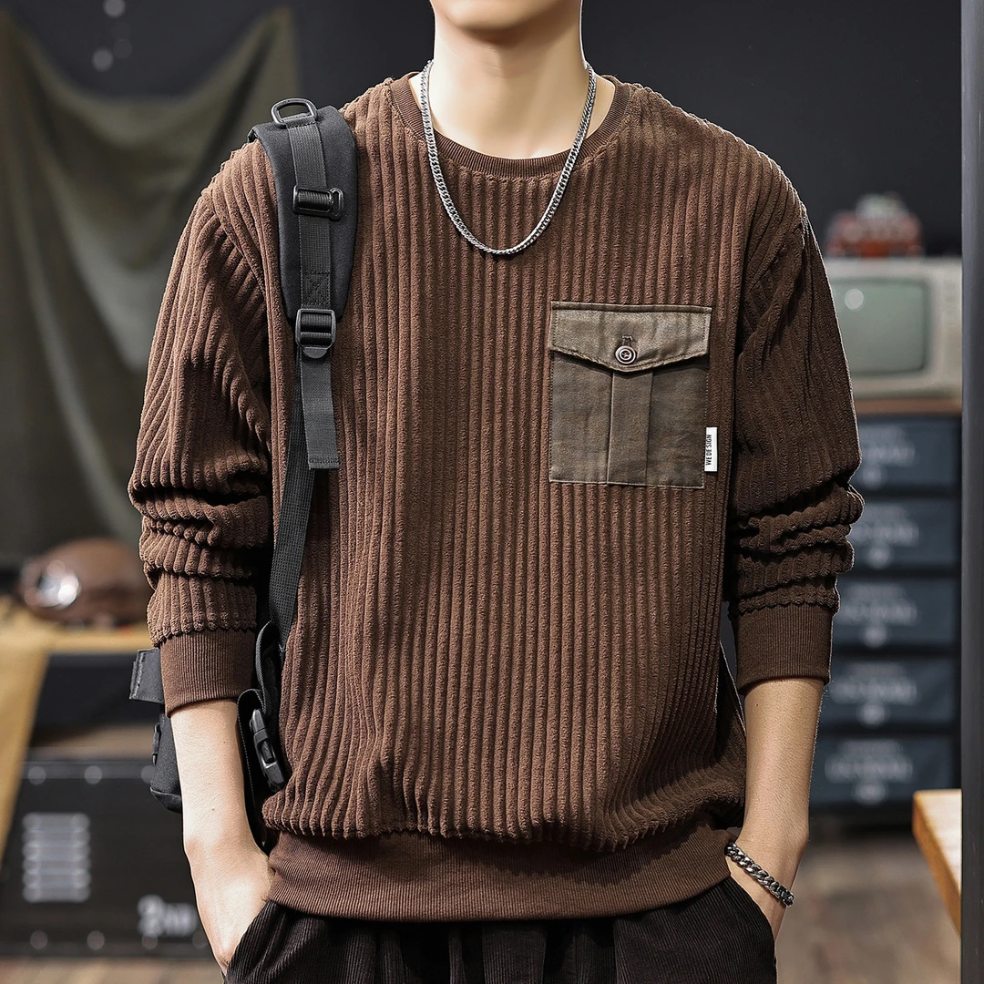 MR.MUDI/穆迪先生条纹灯芯绒圆领卫衣男柔软舒适亲肤长袖套头衫男