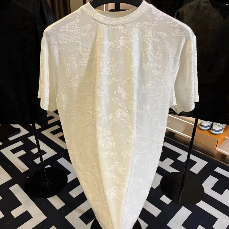 夏季清凉男士透气新款上衣肌理感国风提花工艺T恤圆领白色短袖