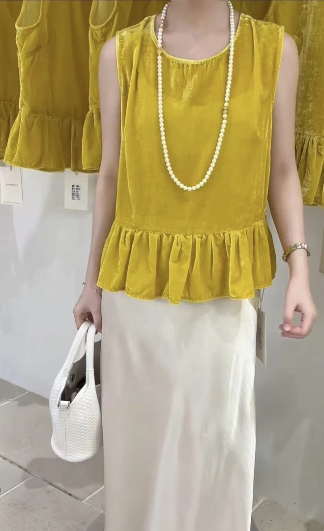 【海南简爱】圆领常规宽松型无袖荷叶边T恤 25655