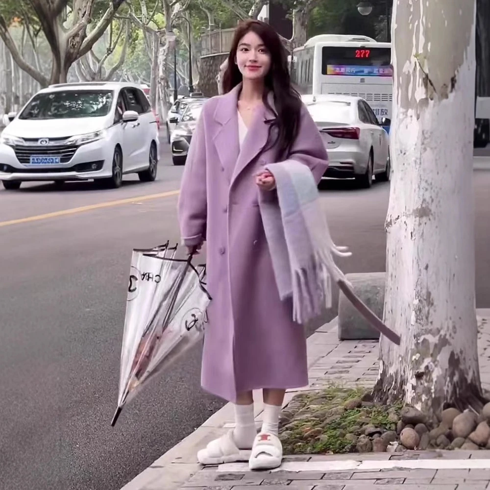 FL222781紫色双面羊绒呢子大衣女秋冬季穿搭温柔小香风毛呢外套