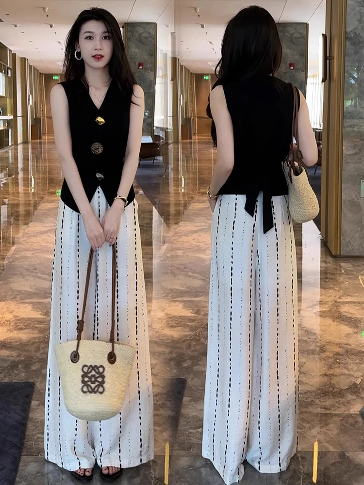 时尚洋气V领无袖马甲上衣阔腿裤两件套女夏季新款气质显瘦套装