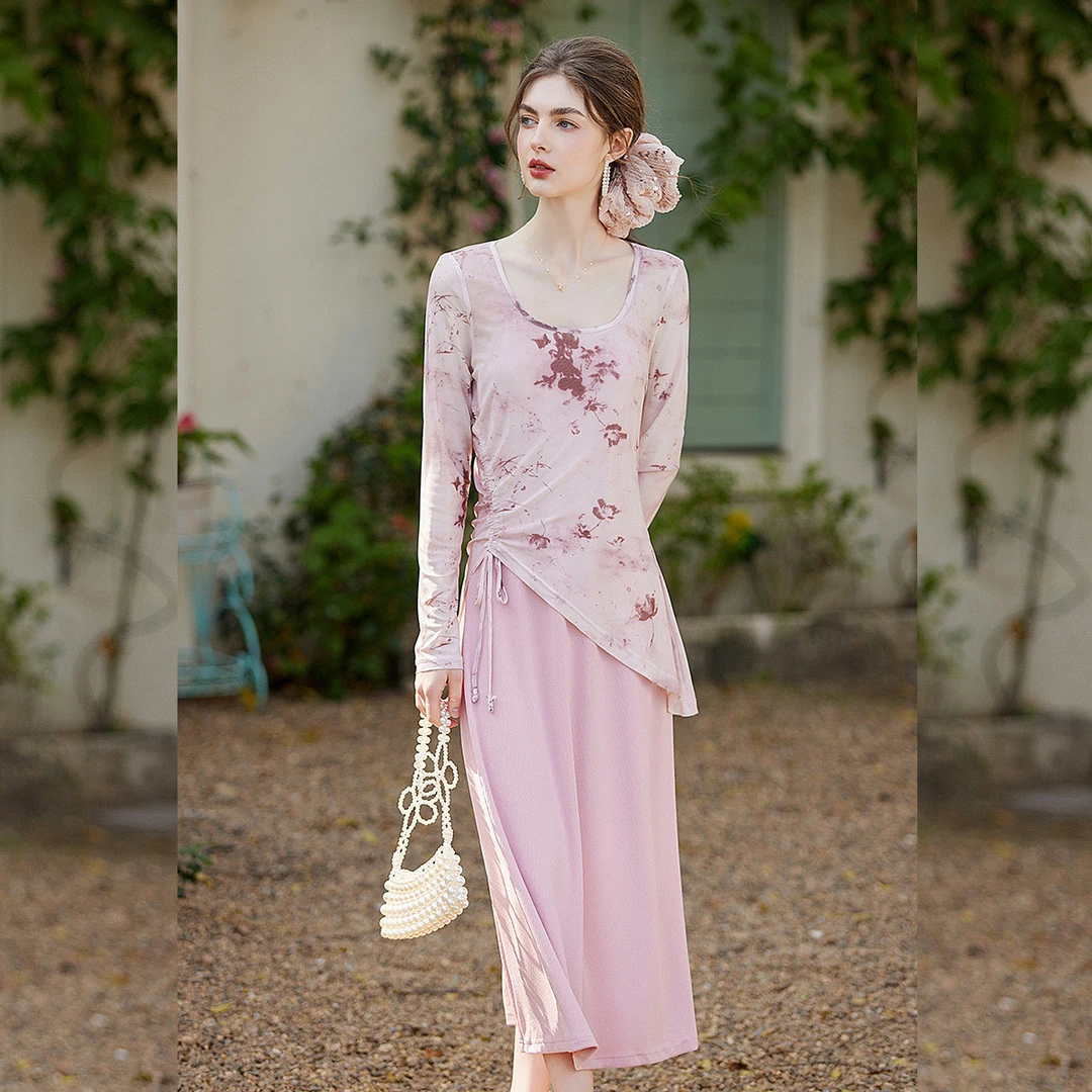 【商场同款新品】白鹿语水墨印花两件套夏款上衣吊带裙套装HU20139