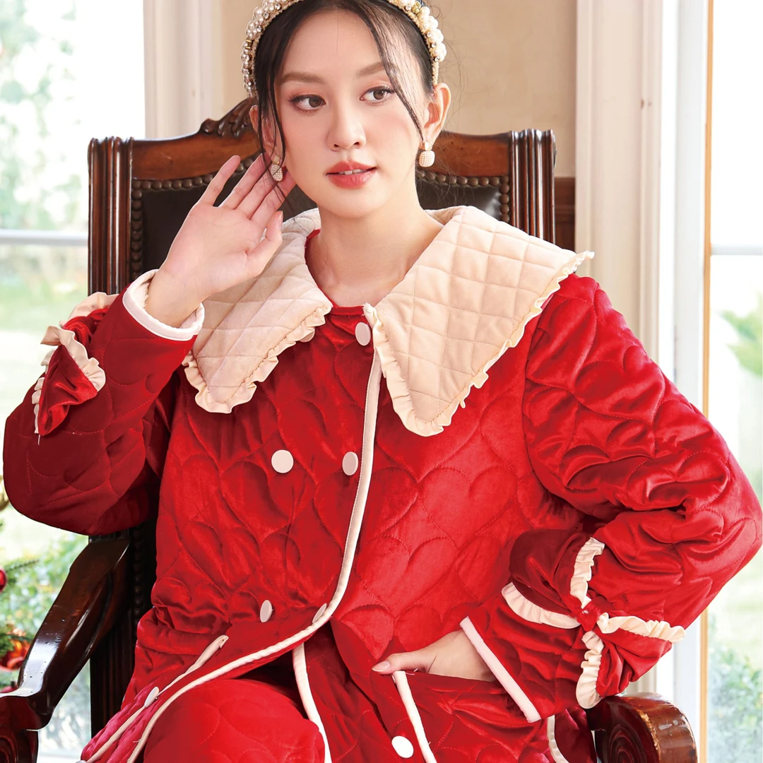 艾黎克斯设计师新年款轻奢三层夹棉加厚轻奢可外穿家居服套装冬款