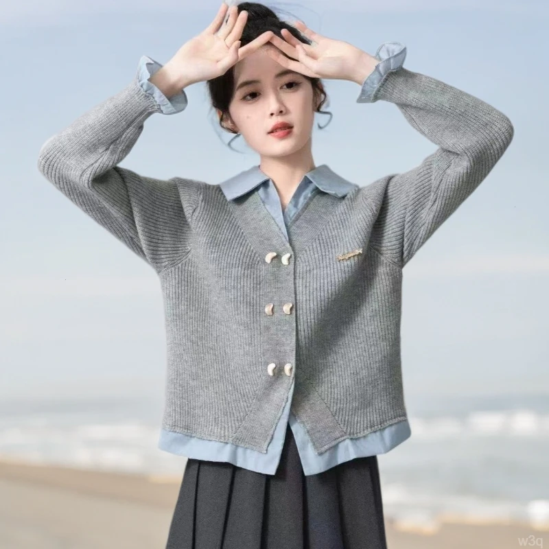 2025秋冬新款韩版假两件拼接polo领针织开衫上衣学院风灰色毛衣