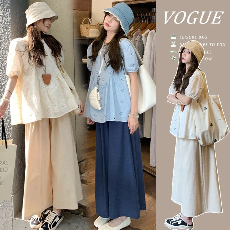 气质甜美孕妇装夏装套装2025新款泡泡袖孕妇上衣宽松休闲阔腿裤子