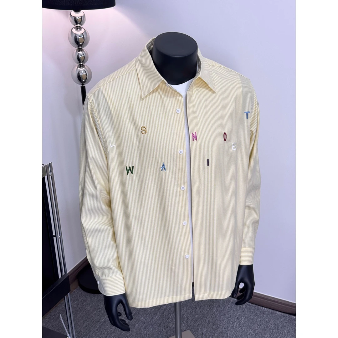 韩版休闲条纹衬衫长袖情侣宽松慵懒百搭衬衣春秋潮流刺绣百搭外套