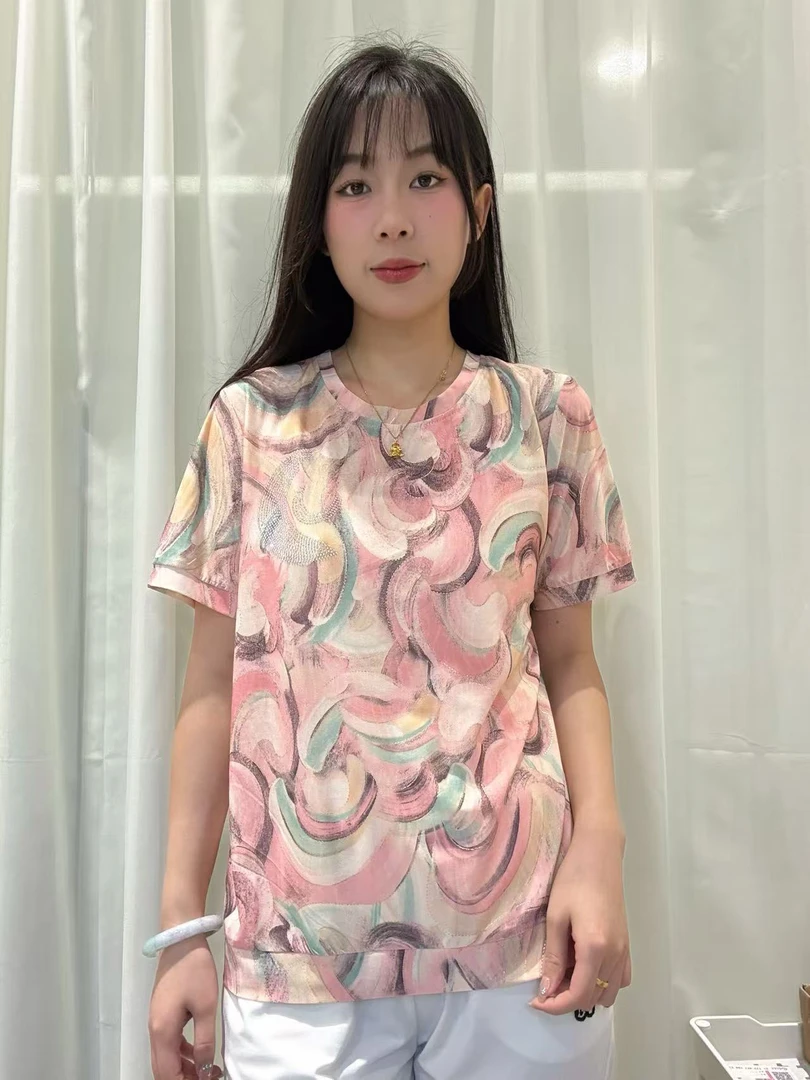 夏季中老年妈妈装洋气印花冰丝短袖小衫