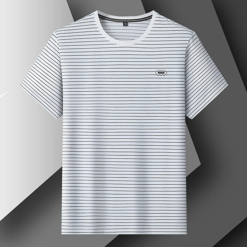 吴老板夏季大码男装冰丝短袖t恤条纹加肥加大时尚无痕薄款圆领上