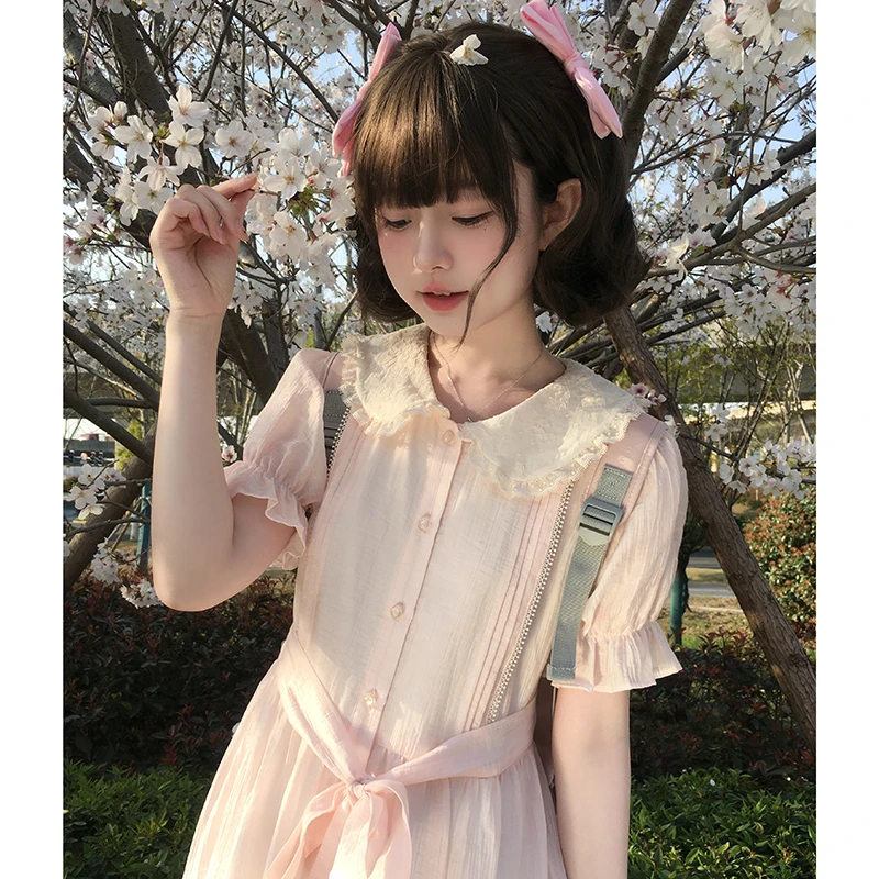 东京岁时记JK洛樱花神原创夏季新款泡泡袖粉色公主裙少女感甜美风