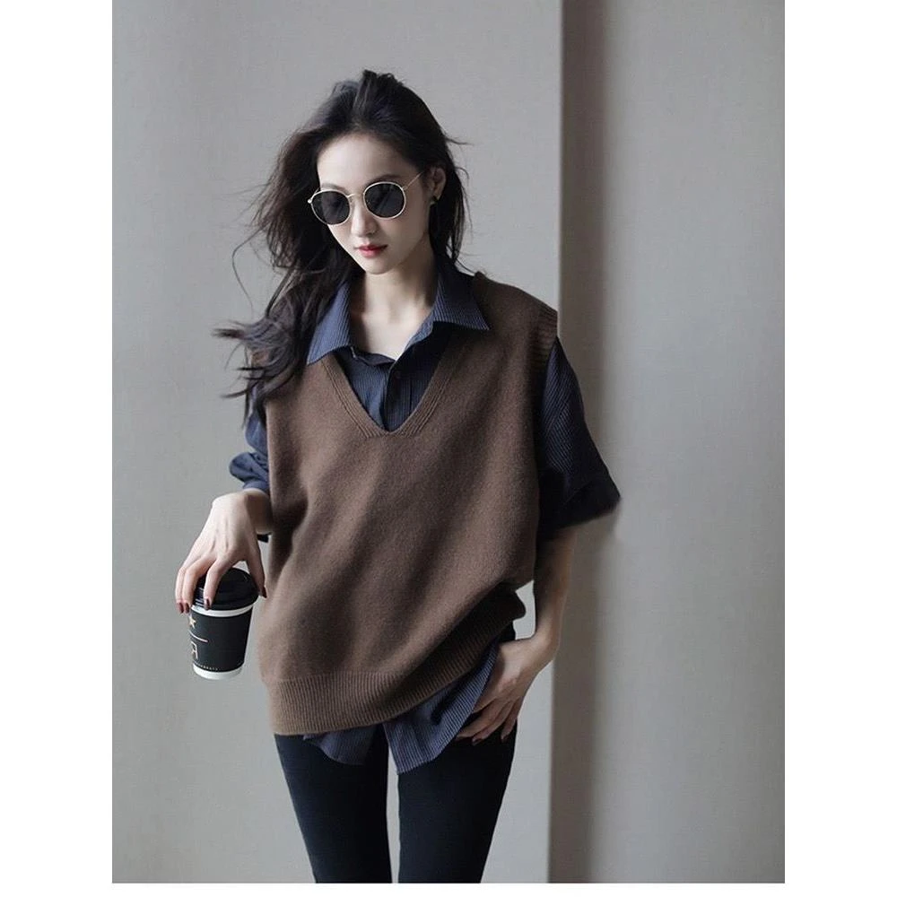 法式高级感套装显瘦韩系针织马甲衬衫两件套秋装女款爆款2025新款