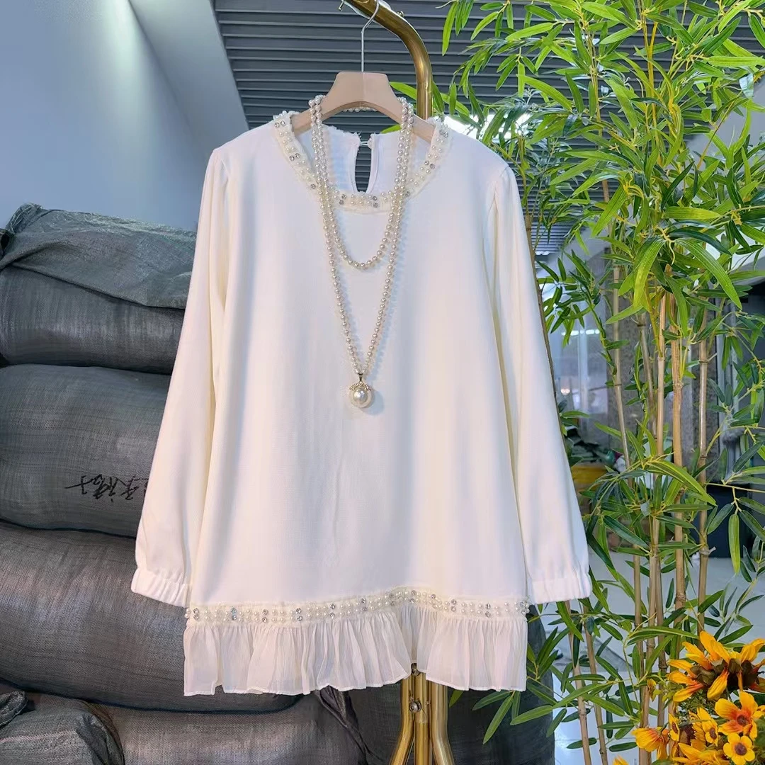 欧货时尚钉珠拼接T恤微胖大码遮肉宽松显瘦秋季长袖新款25178女装