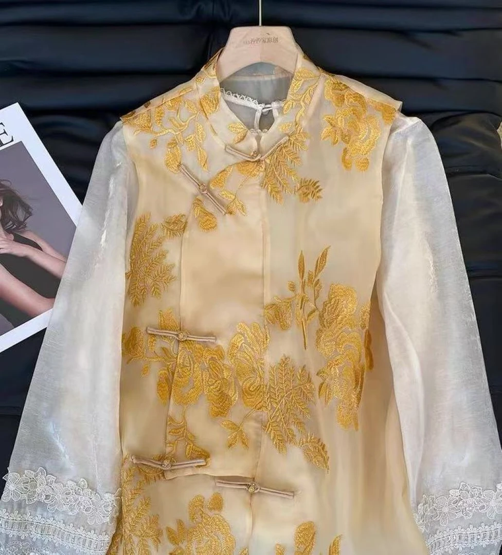 鎏金中式国风立领微透马夹上衣2025B3627-沐沐