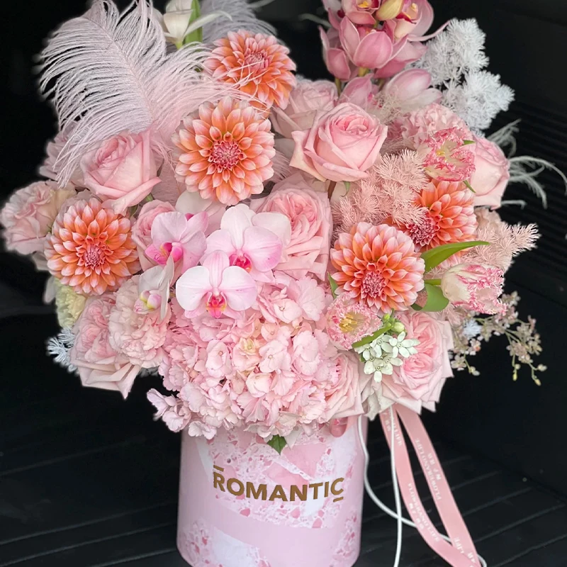 【花喜爱】浪漫风花束包装盒大理石纹圆形盒情人节花艺包装花艺材料