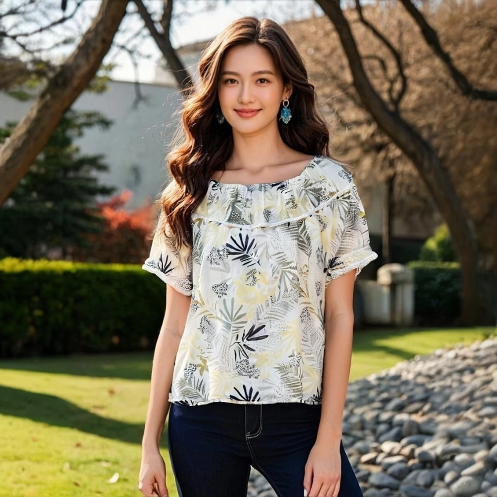 【流依涵】N0退NO换T夏季碎花花苞袖时尚短袖-68598-1