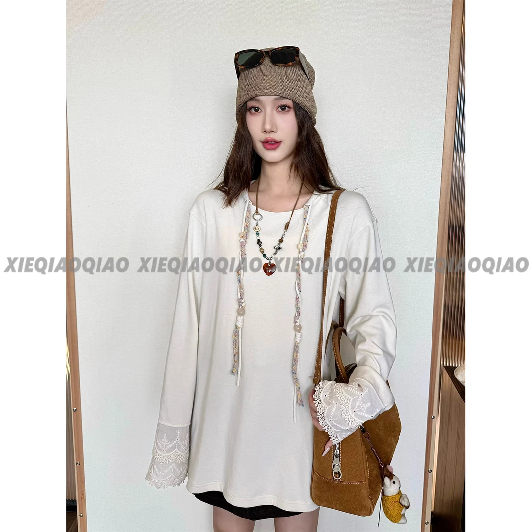 谢荞荞「云柔格调」早秋季新款大圆领口带串珠抽绳宽松长袖上衣