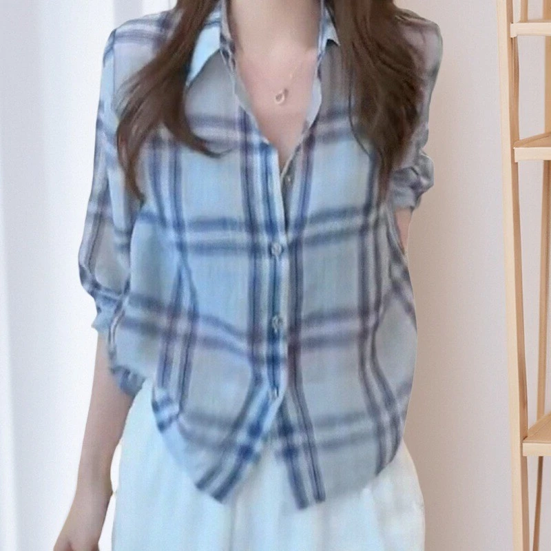港风洋气时尚格子衬衫慵懒宽松长袖衬衣女LK2502960