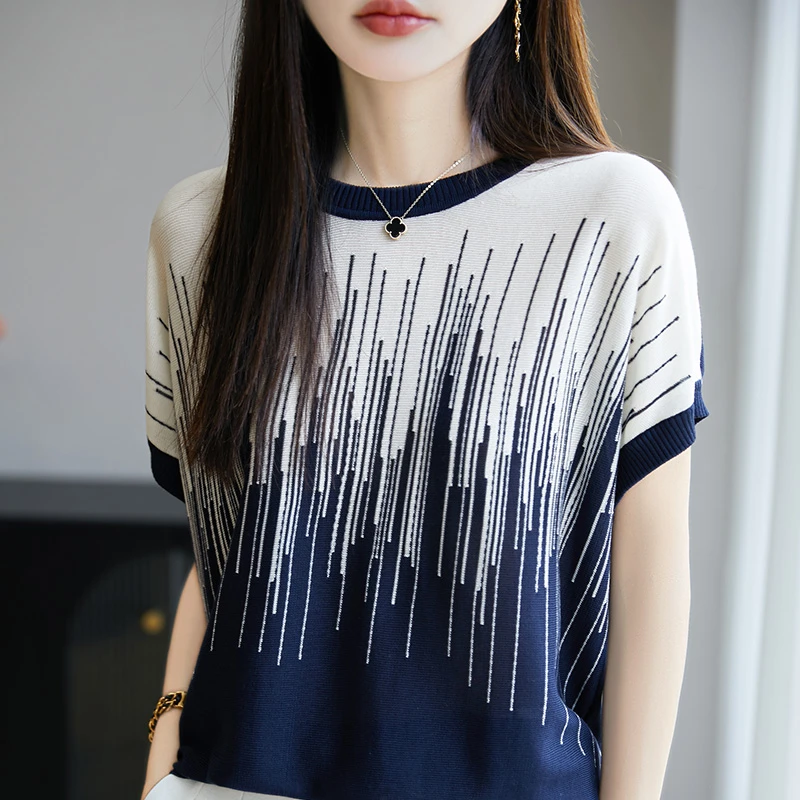 时尚女装品牌新款夏季薄款短袖T恤女针织衫圆领时尚气质上衣女