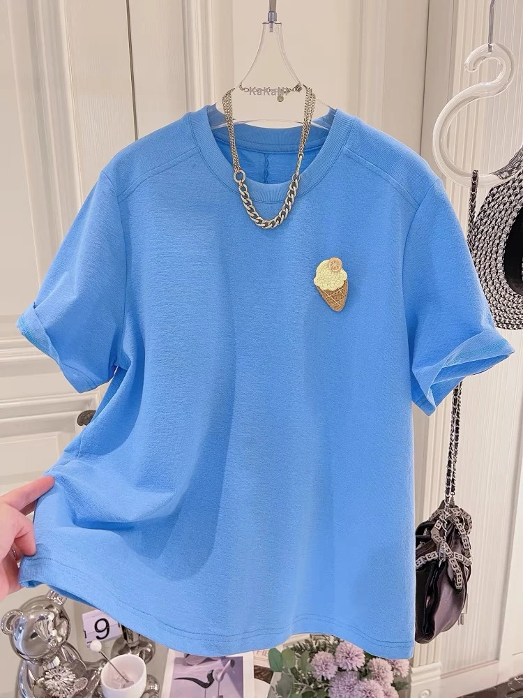 后背鱼骨特种绣冰激凌蓝时尚洋气短袖T恤女夏季时尚百搭宽松上衣
