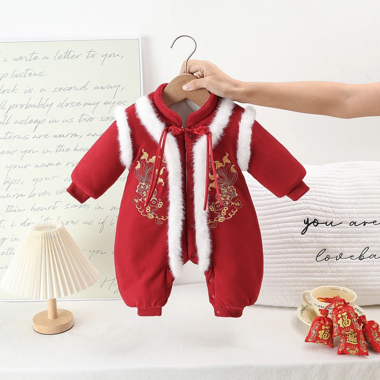 婴儿衣服秋冬装加厚中国风女宝宝连体衣汉服满月公主哈衣冬季保暖