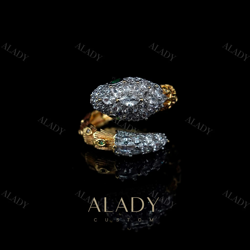 合金合成锆石戒指 【金蛇献瑞】密镶钻彩灵蛇时尚开口戒指