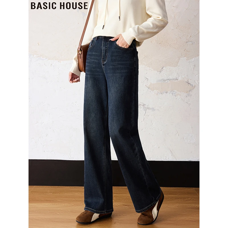 Basic House/百家好深蓝色阔腿牛仔裤复古加绒加厚直筒裤女2025冬