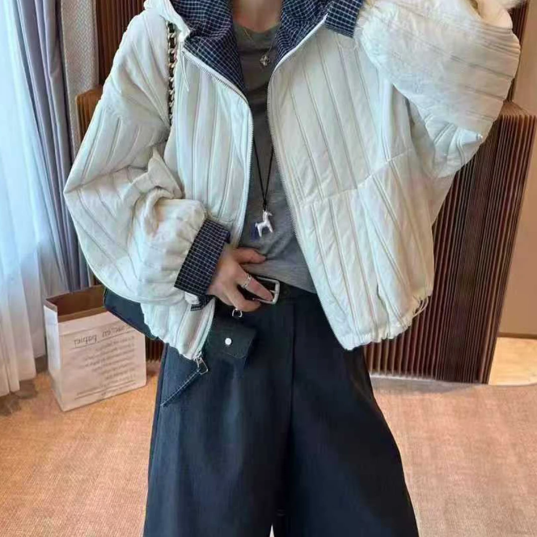 秋季连帽功能女纯色免烫短外套百搭条纹ins秋冬加厚