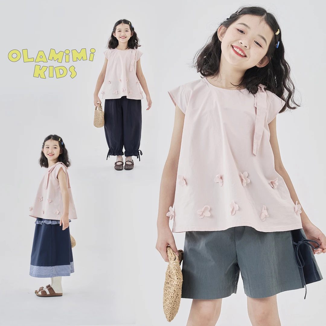 OLAMIMI定制2025夏亲子甜美立体小花蝴蝶结绑带半袖清爽娃娃衫