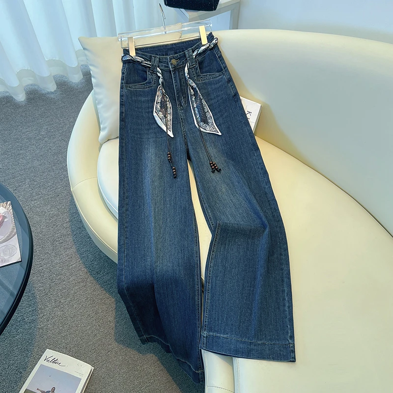 拉夏贝尔高腰直筒牛仔裤女早秋季2025新款爆款复古宽松阔腿拖地裤