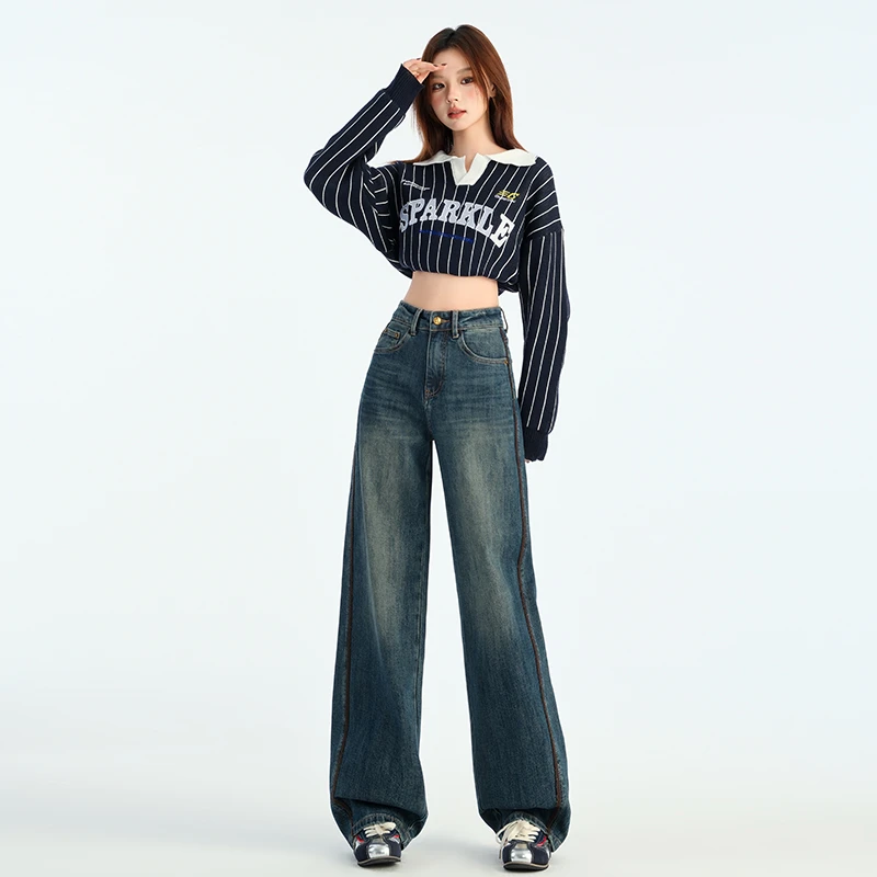 春季新款美式复古撞色弯刀牛仔裤女高腰显瘦宽松设计感阔腿裤