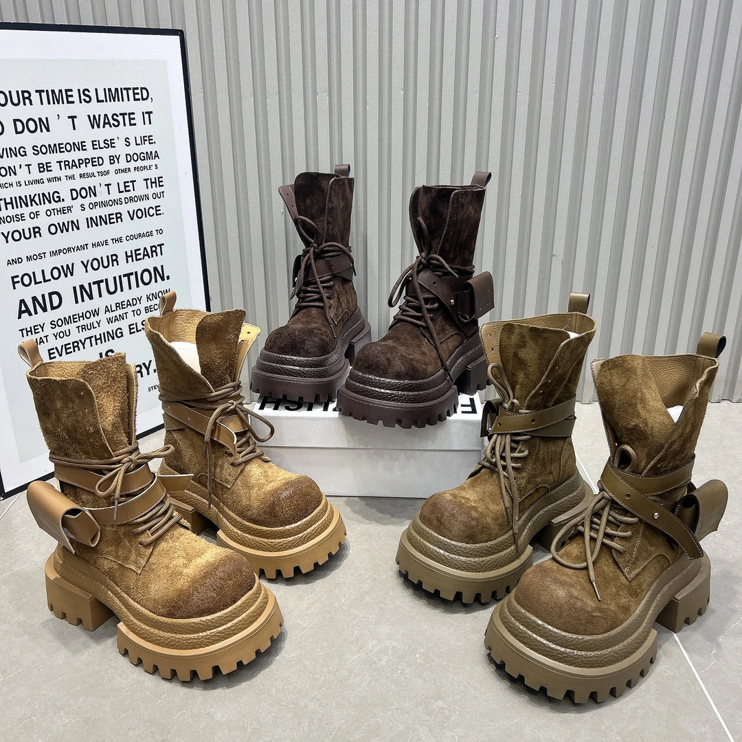 【荒野驼铃】【盼】欧货2025秋新款磨砂质感带马丁靴圆头松糕厚底短靴