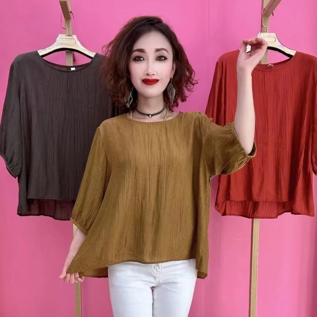 2025夏季新款大码妈妈装气质显瘦百搭遮肚子宽松纯色女士上衣T恤