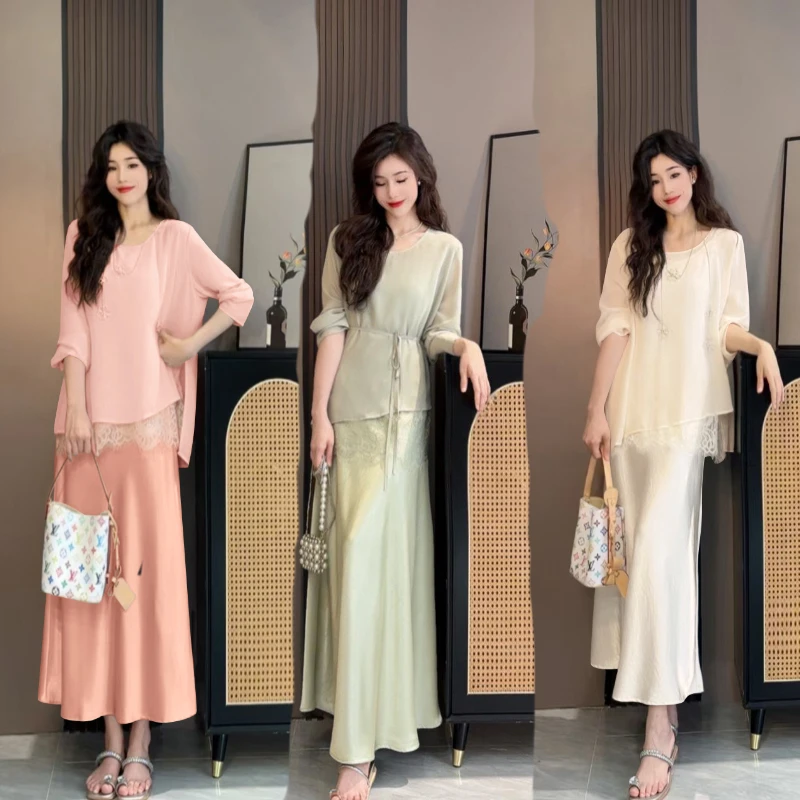 【套装】设计师款夏季新款女装别致长袖罩衫减龄吊带裙套装裙