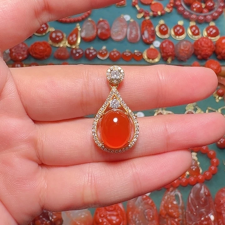 南红玛瑙银S925镶嵌吊坠