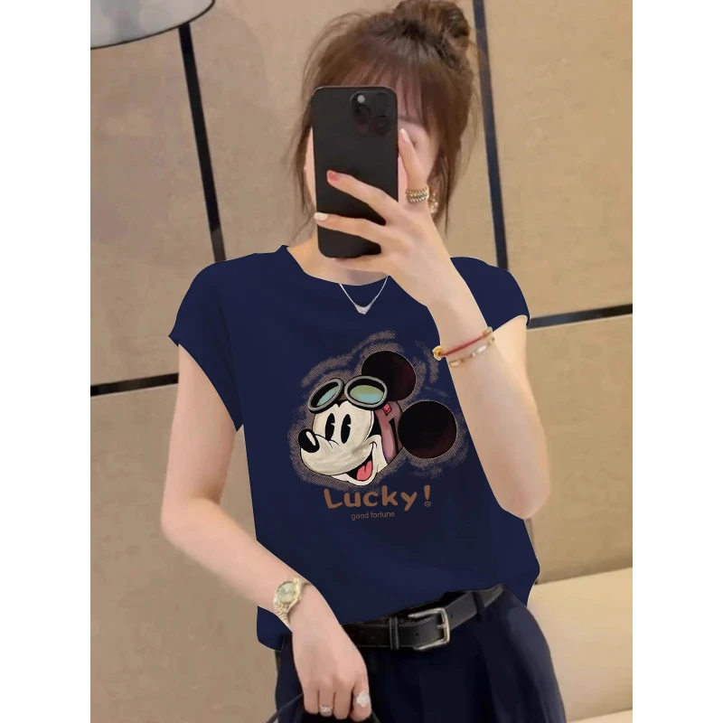 小飞袖正肩短袖t恤女夏季2025新款设计感百搭显瘦圆领藏青色上衣