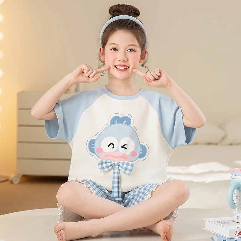 2025夏季新款女中大童短袖纯棉蓝色格子卡通儿童休闲睡衣套装