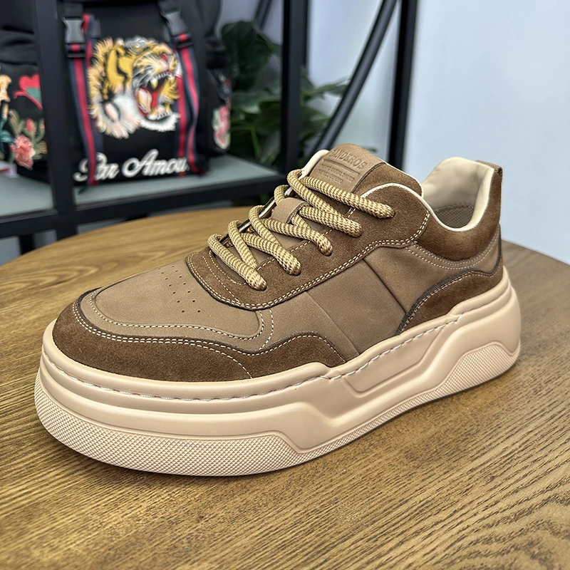 新款痞帅头层牛皮休闲鞋男士厚底百搭板鞋白鞋透气低帮潮流男鞋