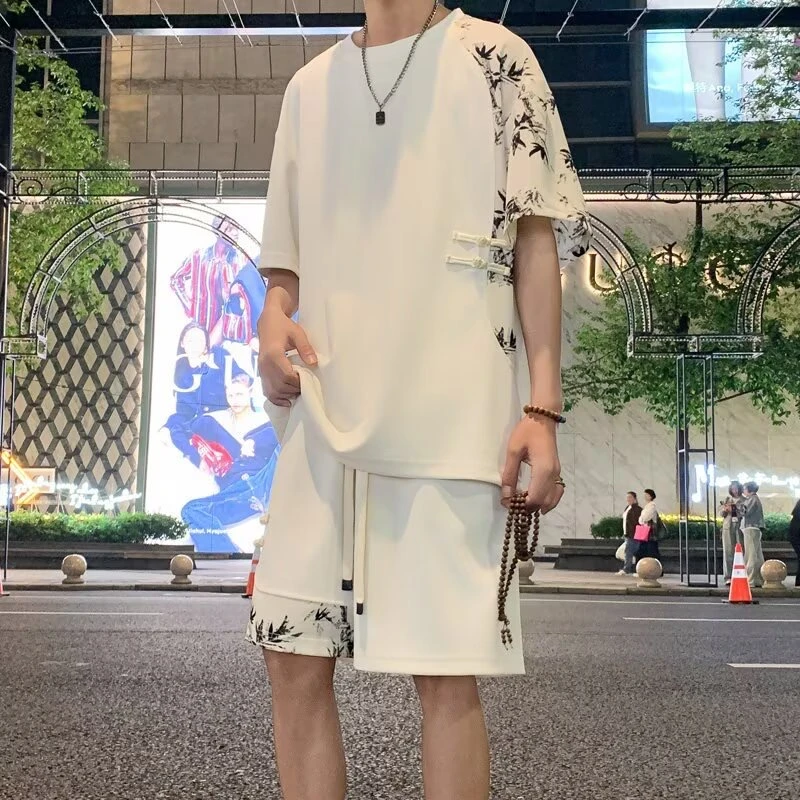 国风拼接盘扣短袖套装男夏季薄款高级感宽松大码男士夏季短袖套装