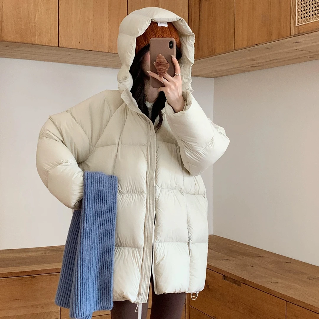 YT01814冬款宽松简约连帽隐形拉链口袋中长款白鸭绒羽绒服外套