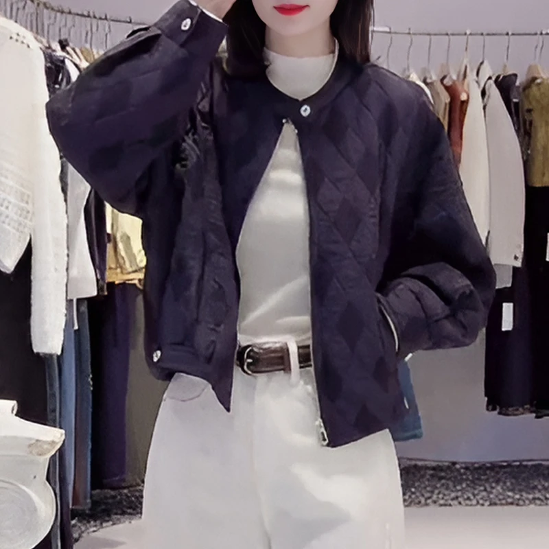 韩系菱格夹棉短外套女2025冬季新款高级感休闲宽松小个子夹克上衣