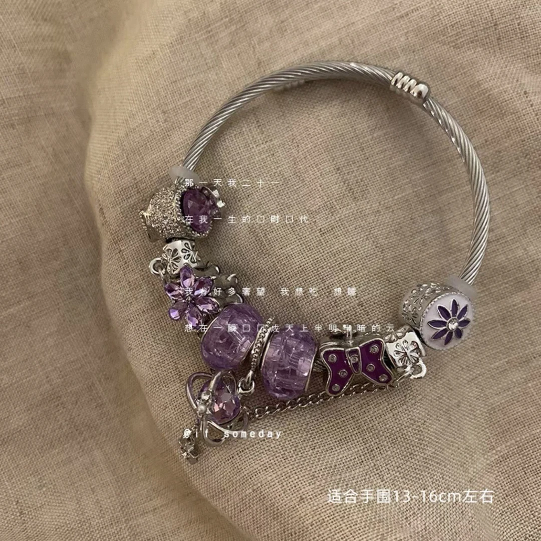 不锈钢亚克力手镯 潘家不锈钢手镯复古紫爱心串珠手链女原创手饰