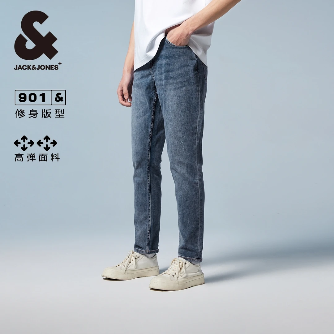 杰克琼斯秋潮流百搭纽扣腰头水磨白做旧抓痕弹力直筒修身牛仔裤男