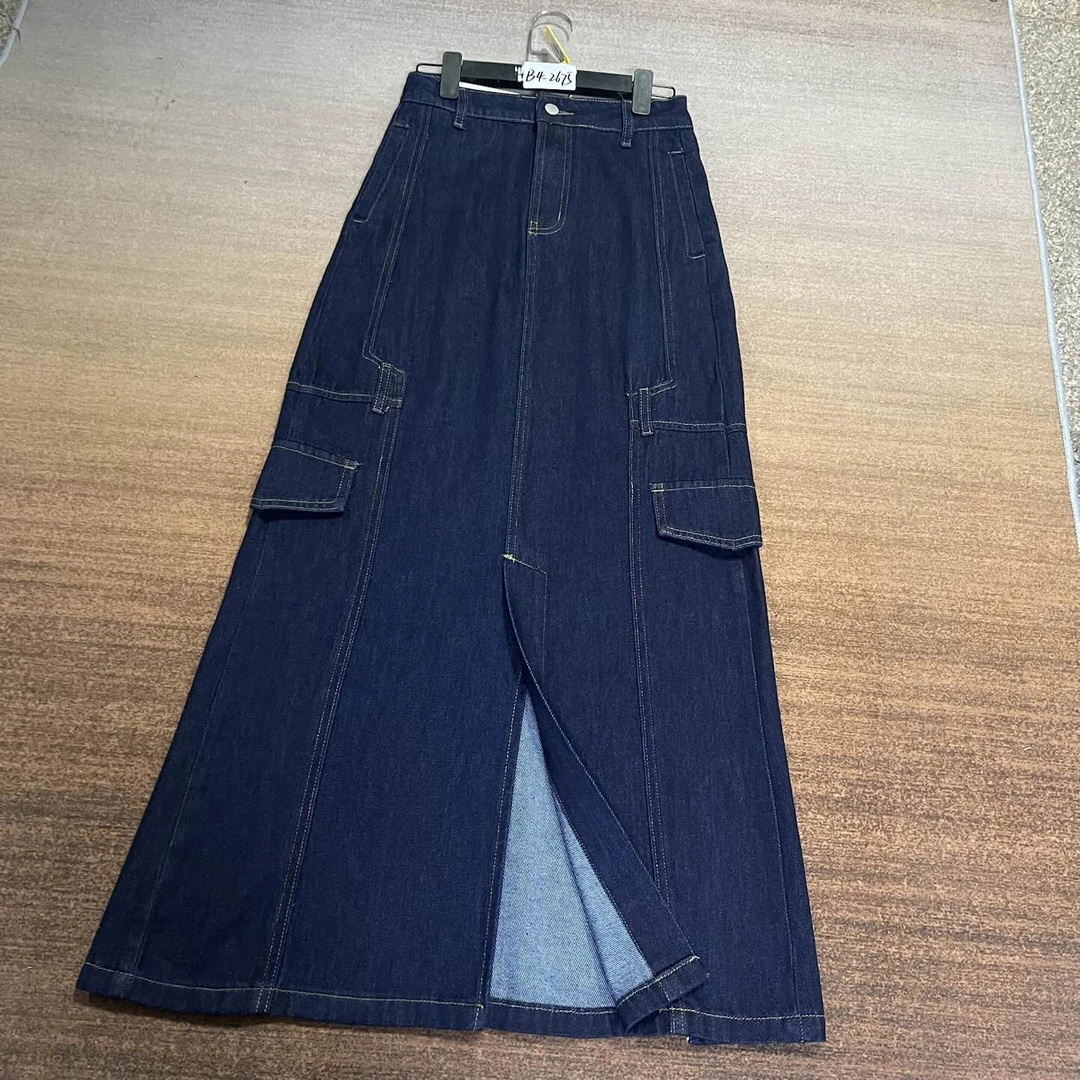 B4-2675高货丹宁蓝超长小众个性开叉工装长裙无弹（不换退）