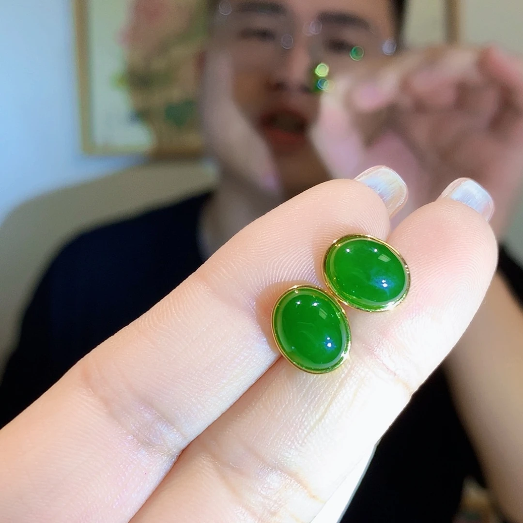 和田玉（碧玉）耳饰银S925镀金镶嵌